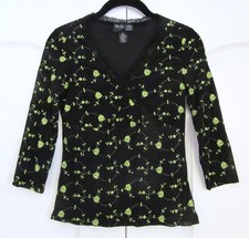 VINTAGE 90'S Y2K Black Mesh Top Lace Lime Green Floral Fairy Grunge Whimsigoth