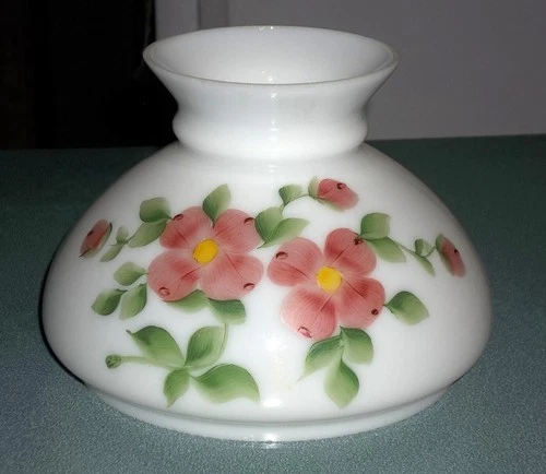 Vintage Milk Glass Hand Painted Pink Dogwood Flowers Hurricane Lamp Shade
