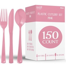 150 Pack Plastic Silverware Heavy Duty, Pink Disposable Cutlery, 50 Spoons, 5...