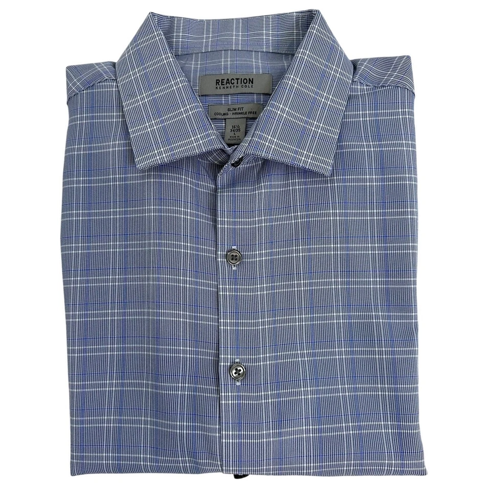 Camisa de vestir Kenneth Cole Reaction para hombre azul a cuadros calce ajustado 16,5 34/35 Foto 4 de 4