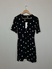 Nobody’s Child Dress Size UK 8 Black White Spot Polka V Neck Button Smart Work
