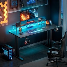 140 cm Gaming Desk with LED Lights, PC Desk with Monitor Stand & Power Outlets