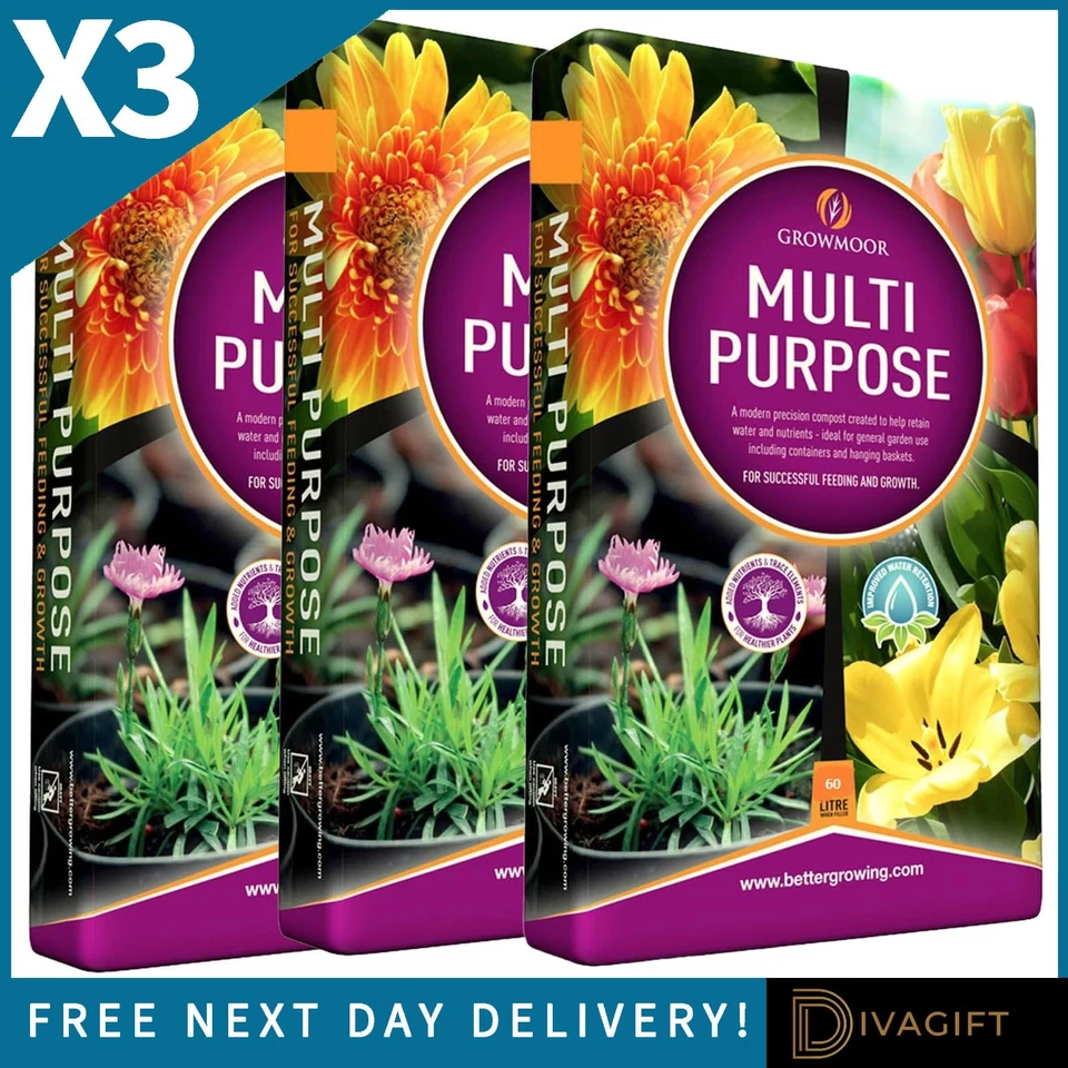 GROWMORE 3 x 60L GROWMOOR MULTI ALL PURPOSE COMPOST CONTAINERS BASKET GARDEN SOIL BAGS