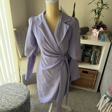 boohoo Lavender Crepe Wrap Mini Dress Puff Sleeve Long Sleeve US 4