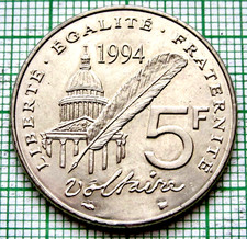 FRANCE 1994 5 FRANCS, VOLTAIRE - ENLIGHTENMENT PHILOSOPHER 300th ANNIVERSARY