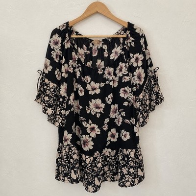 Lavish Black Floral Peasant 2X Blouse 3/4 Tie Bow Sleeve Peplum Ruffle Boho Top