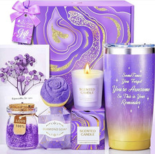 Purple Gold Gift Basket Scented Candle Diamond Soap Tumbler Bath Salts