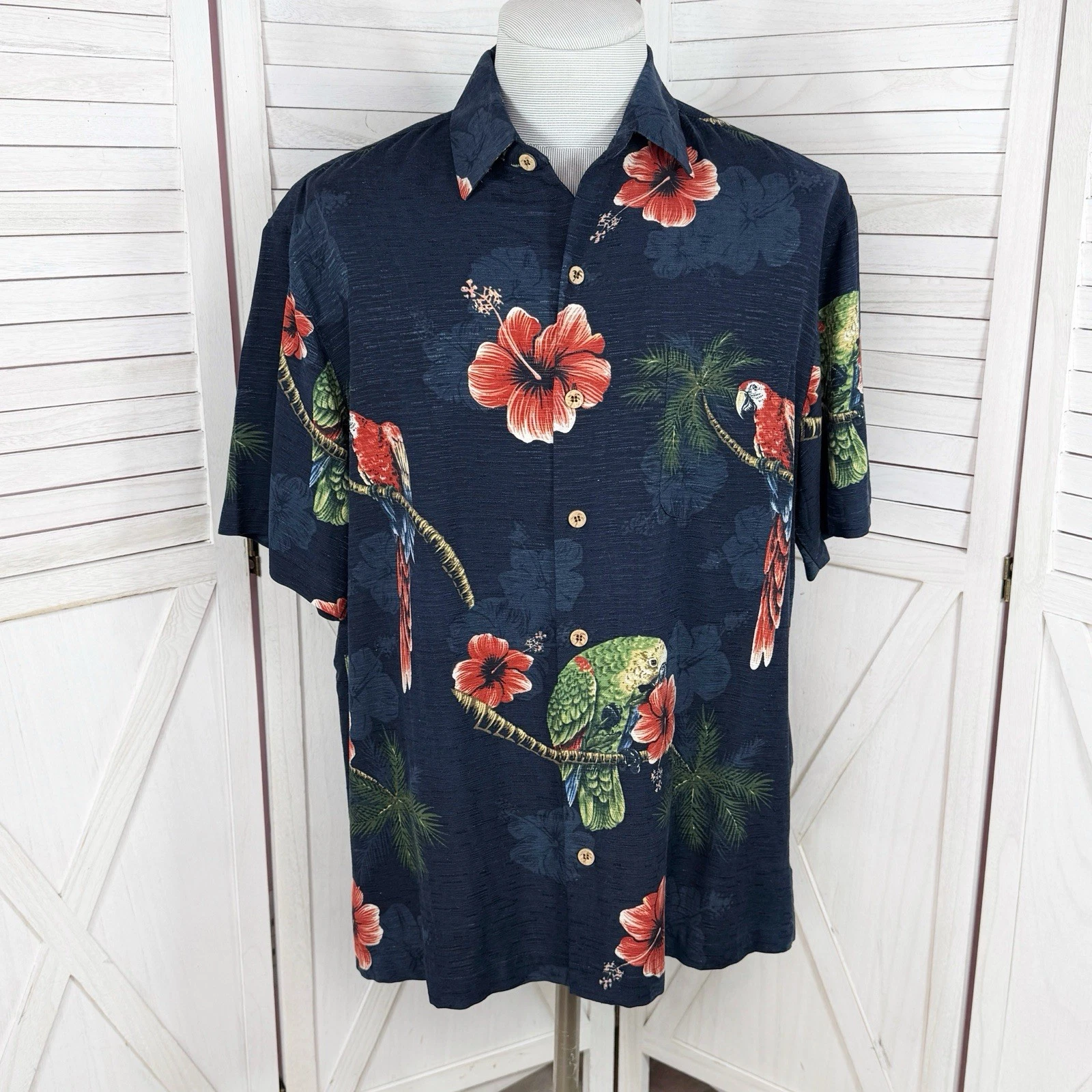 Caribbean Hawaiian Shirt Men Large Blue Tropical Floral Parrot Slub Silk Camp