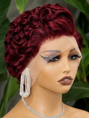 Short Pixie Cut Wigs 100% Real Human Hair ,burgundy Color .