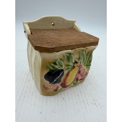 Vintage Ceramic Wall Mount Salt Box Wooden Lid Fruit Vegetable Design L4