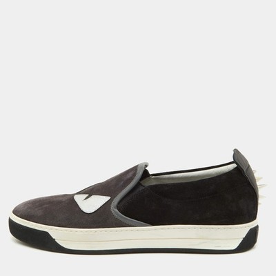 Fendi Monster Eyes Size 41 Dark GreyBlack Suede Slip On Sneakers
