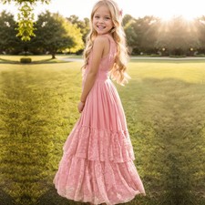 Big Girls Flower Wedding Party Backless Chiffon Dress Kids Lace for 3-15 Years