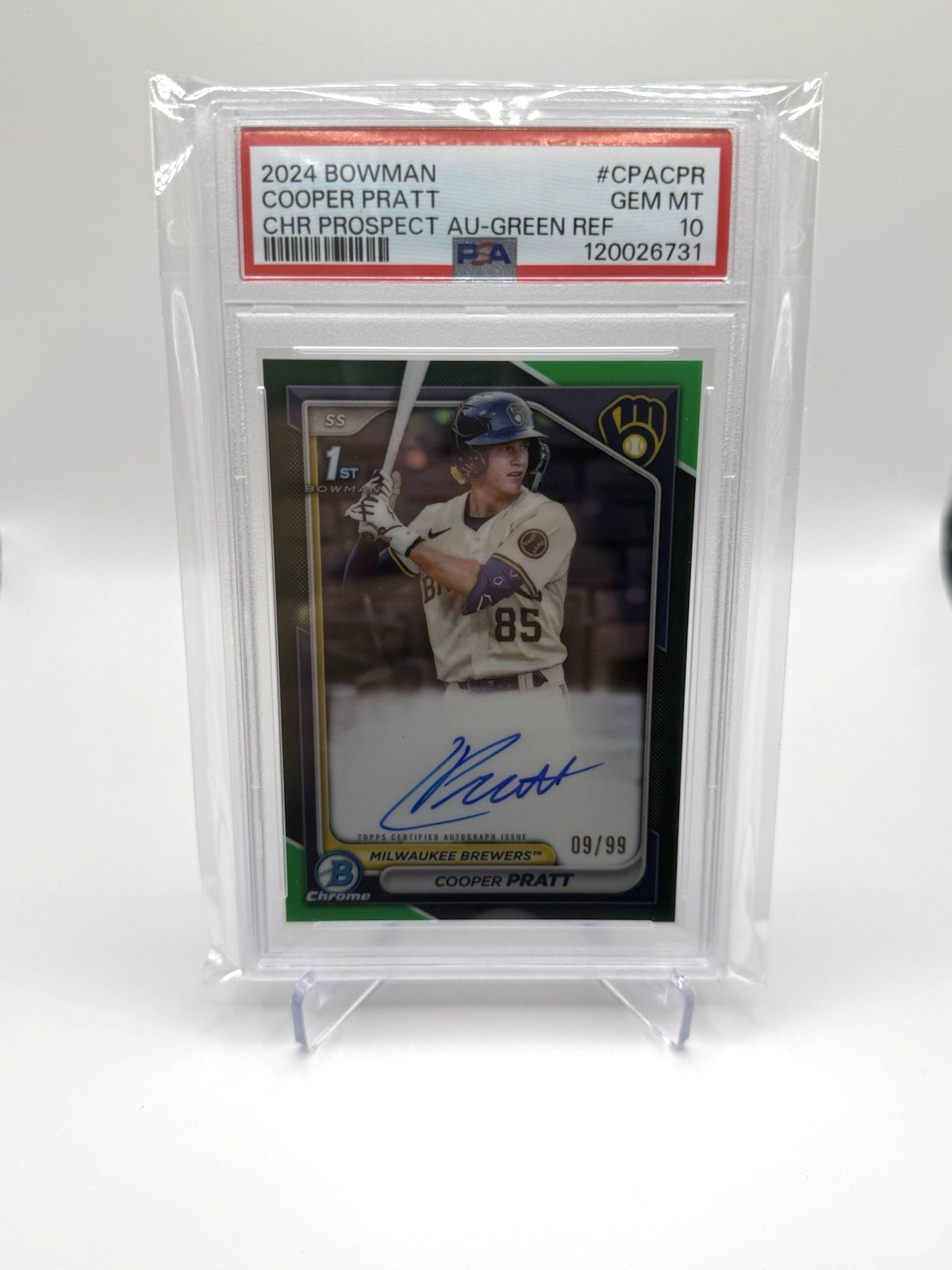 2024 Topps 1st Bowman Chrome True Green Auto /99 - Cooper Pratt Brewers PSA 10