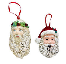 2 Vintage Paper Mache Santa Face Christmas Ornaments Twisted Paper Art Pulp Pipe