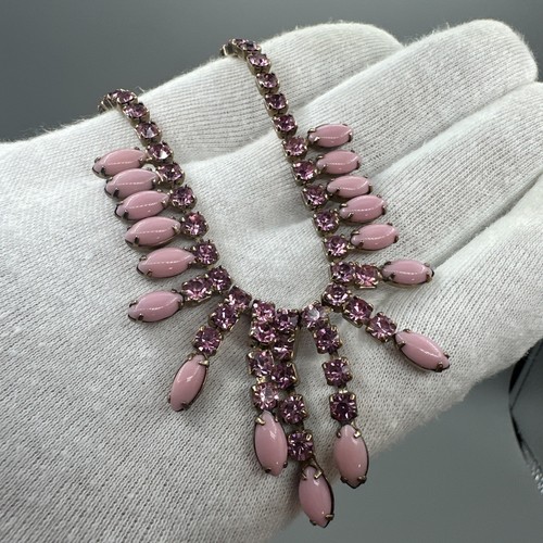 Vintage Necklace Pink Rhinestone Milk Glass Choker Bib Barbie 1960s MCM #_915 - Picture 5 of 7