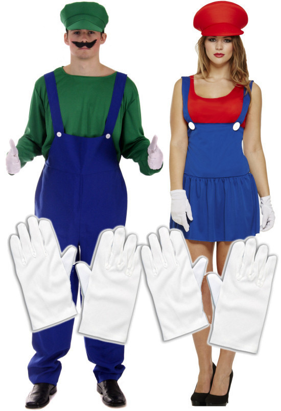 Mens Luigi + Ladies Mario Couples 80s 90s Plumber Fancy Dress Costume + Gloves
