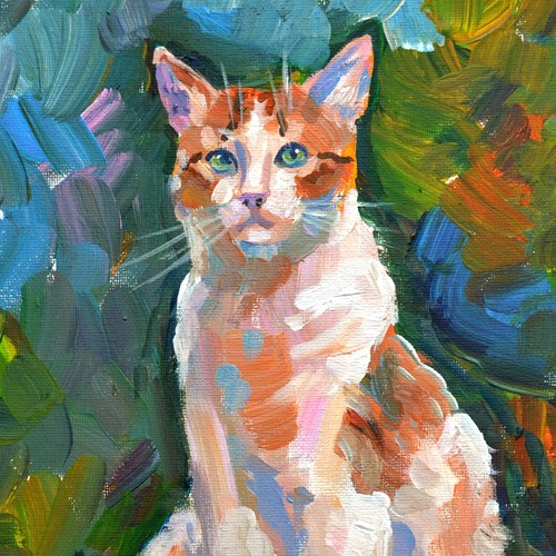 Ginger Cat Portrait in Lush Garden – Original Acrylic Painting 12x10 in - Picture 3 of 6
