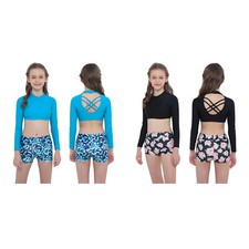2Pcs Girls Gym Workout Dance Suit Floral Print Crop Top Boyshorts Set Dancewear