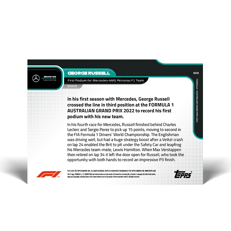 George Russell First Podium for Mercedes 2022 Topps Now Formula 1 F1 Card #10 - Image 2 of 2