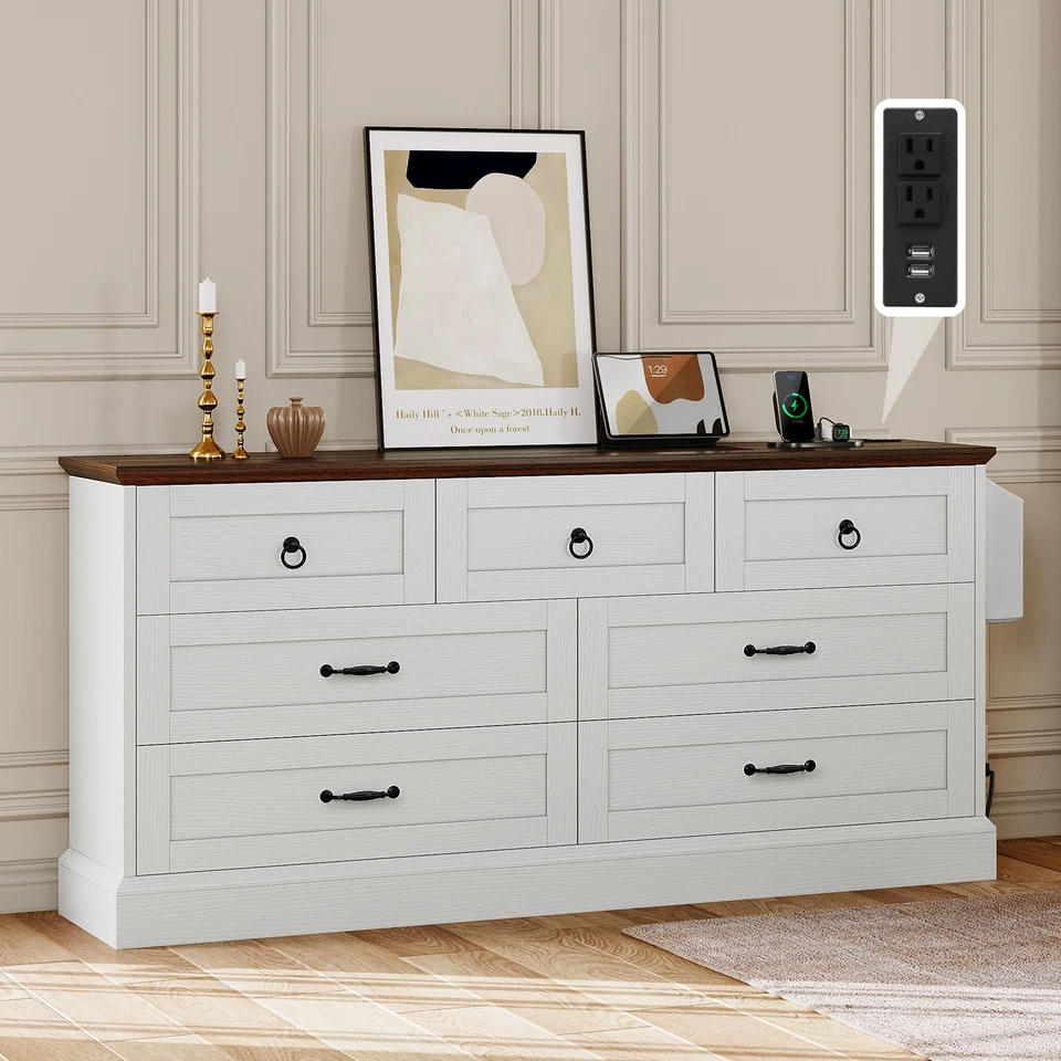 Farmhouse 7 Drawers Dresser 59" Wide Wood Rustic Chest of Drawers w/Nice Texture - Image 2 of 4