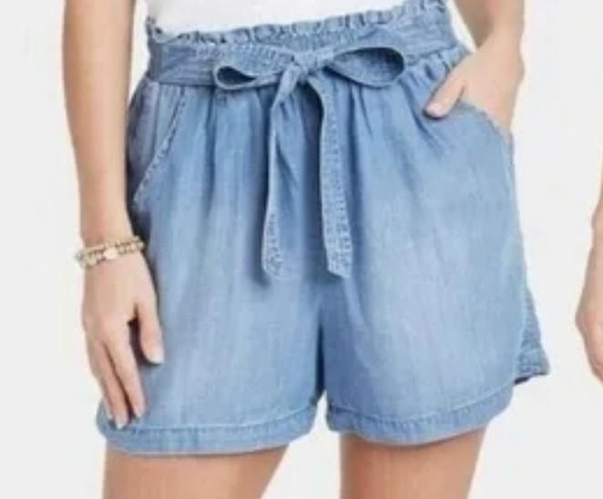 KNOX ROSE Soft & Flowy DENIM TENCEL PAPERBAG SHORTS Tie Front ELASTIC WAIST  XXL