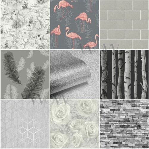GREY SILVER WALLPAPER PATTERNED STARS FLORAL FEATHERS TREES MARBLE