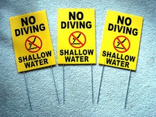  3 NO DIVING SHALLOW WATER 8" x12" Plastic Coroplast Signs w/Stakes yellow