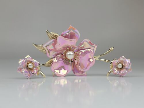 Vintage Coro Enamel Flower Brooch Pin And Matching Clip On Earings w/ Pearlf - Picture 10 of 24