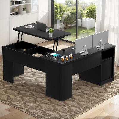 56'' L-Shaped Large Office Desk with Lift Top ＆ Drawer ＆ Outlets,Ergonomic Design