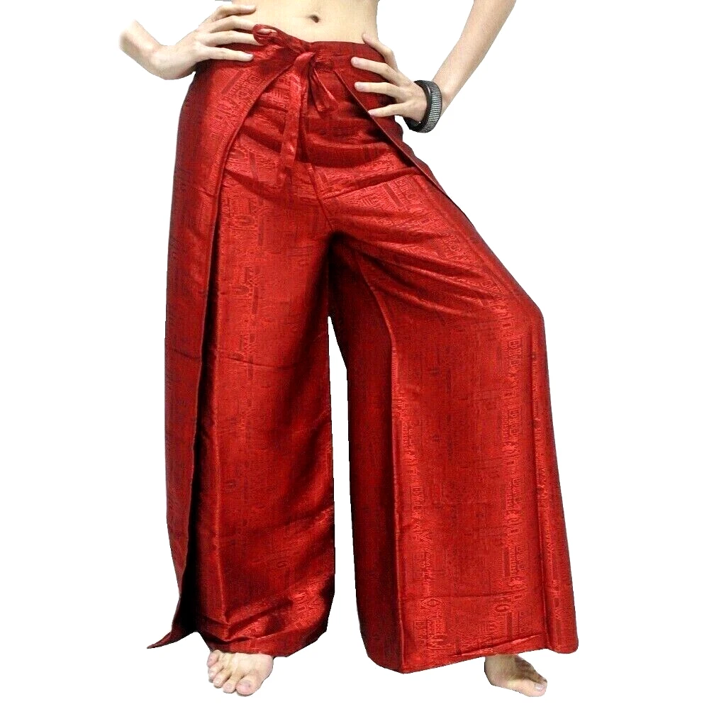 Womens Thai Silk Fisherman Pants Red Palazzo Sarong Harem Yoga