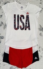 Girls Adidas White/Red/Blue USA T-Shirt Red Shorts Set Sz/ Medium 10-12