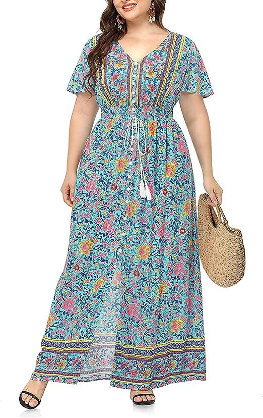 plus size beach dresses india Plus Size Beach Wedding Guest Dresses Detachable Puffy Sleeves Blue / US:14-16 main image 0