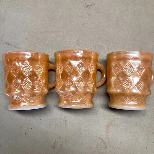 3 PCS Fire King KIMBERLY DIAMOND By Anchor Hocking PEACH LUSTER Coffee Mug
