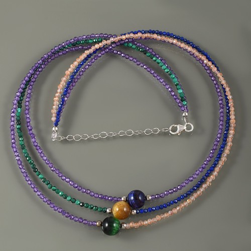Natürlich Amethyst & Malachit 3mm Runde Perlen Kette Handmade 3 Strang Halskette - Bild 3 von 6