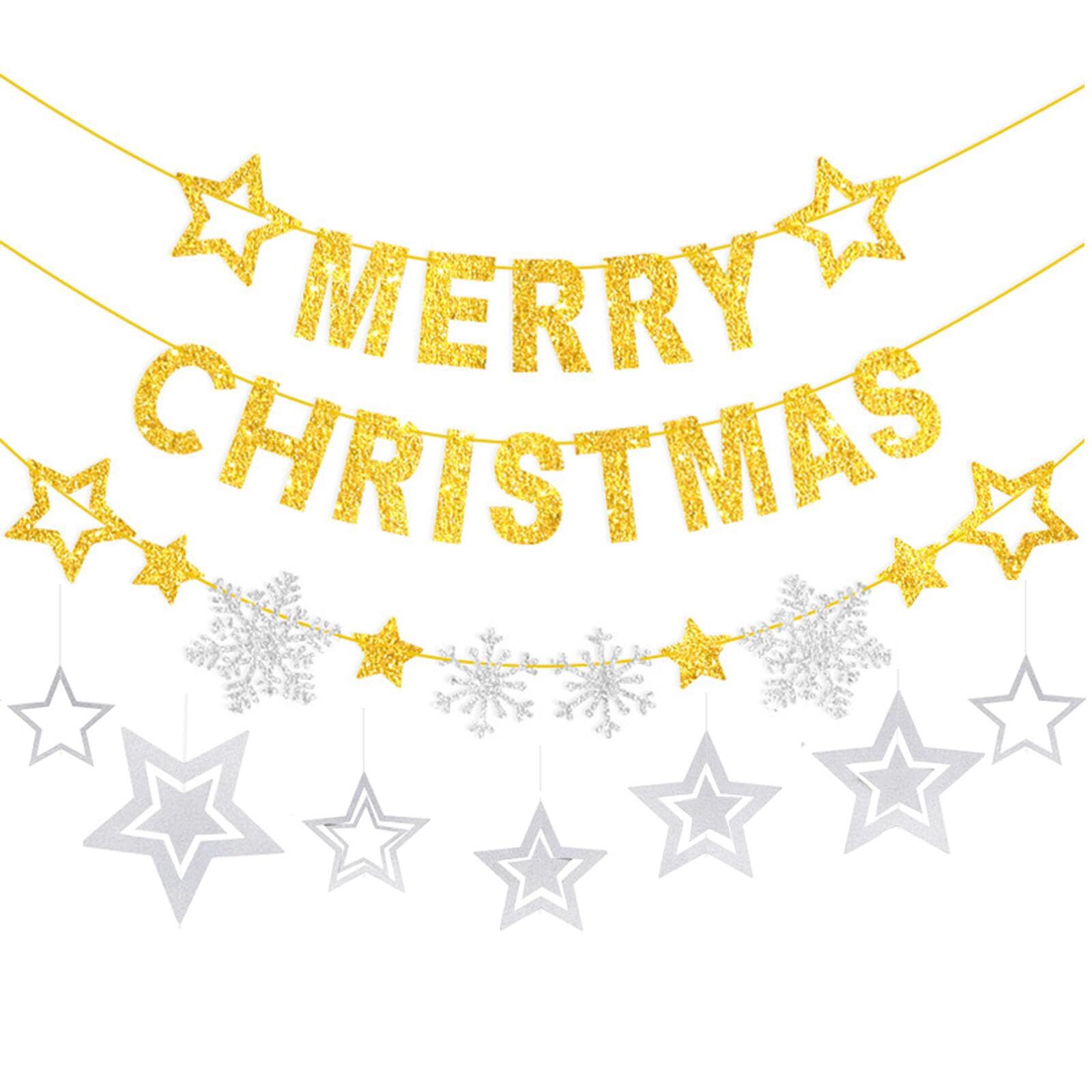 Merry Christmas Banner Christmas Hanging Star Decorations - Gold Christmas Ba...