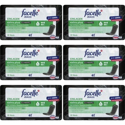 6 x 10 Stück | facelle diskret Hygiene-Einlagen Extra Plus Black schwarz
