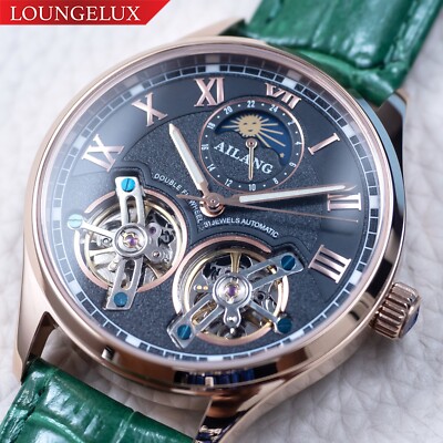 Mens Double Flywheel Luxury Bling Skeleton Automatic Mechanical Watch Rose Gold