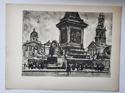 Alter antiker Zeichnungsdruck 1928 Löwen Trafalgar Square London