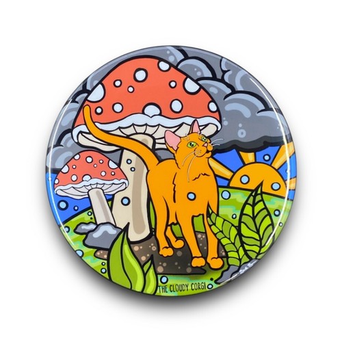 Orange Cat Mushroom Pinback Button Badge Handmade Retro Pet Art Gift 2.25" - Picture 8 of 17