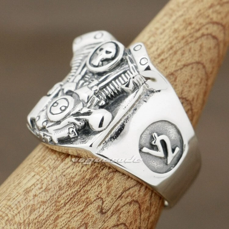 Anillo de plata esterlina 925 V2 calavera motor motocicleta hombre motociclista 8Y009A BZ Foto 3 de 4