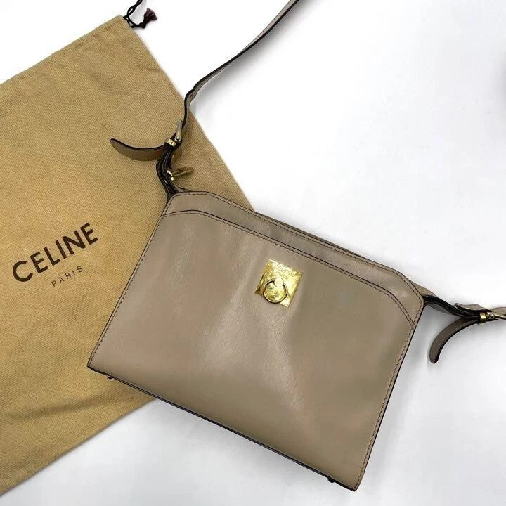 Vintage Old Celine Gancini Leather Shoulder Bag Crossbody Greige