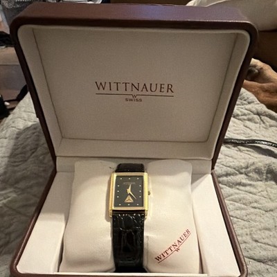 Wittnauer Swiss Vintage Rectangular Black Dial Gold-Tone Quartz Watch w/ Box