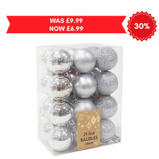 24 Pack Silver Christmas Baubles 40mm Shiny Matte Glitter Tree Decorations