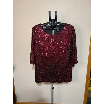 Dressbarn Collection Womens 16W Burgundy Sequin 3/4 Sleeve Blouse Top NWT USA