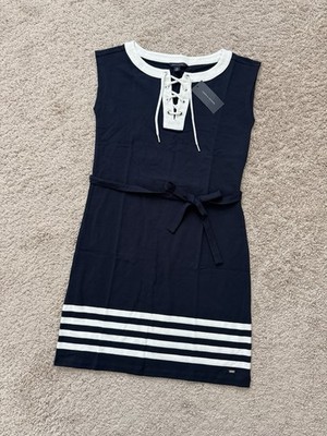 NWT Tommy Hilfiger Womens Lace-up neckline Sleeveless Dress Size XS  Navy/White | eBay