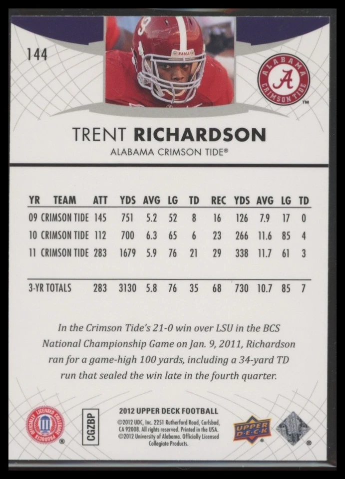 2012 Upper Deck Trent Richardson #144 Football - Image 2 of 2