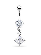 Round CZ Gem Square Dangle 316L Surgical Steel Prong Set Navel Belly Ring