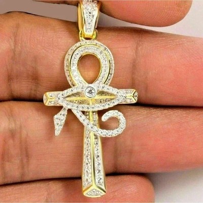 2.20Ct Round Cut Moissanite Men's Ankh Cross Pendant 14K Yellow Gold Plated