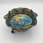 Fenton Carnival Glass Blue 9" Panther master bowl w/Butterfly and Berry exterior
