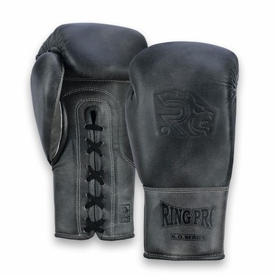Ring Pro Black Leather Boxing Gloves Laceup 10oz 12oz 14oz 16oz, Sparring